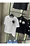 Gül Detaylı Siyah %100 Pamuklu Tasarım T-shirt
