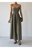 Straplez Midi Elbise %100 Pamuk