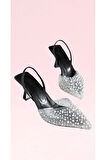 Düğün Nişan Davet Ayakkabısı Siyah Prenses Şeffaf Inci Taşlı Detaylı Topuklu Ayakkabı(7 CM TOPUK)