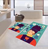 Kadın Yüz Desen Banyo Paspası, Mavi Renk Paspas, Figürlü Paspas Takımı, Kaymaz Taban Banyo Paspası, Çiçekli  Klozet Takımı, Klozet Takımı, Yıkanabilir Klozet Takımı, Dekoratif Banyo Paspası