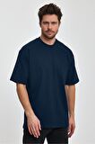 Erkek Oversize %100 Pamuk Nefes Alan Basic T-shirt Lacivert Edw038