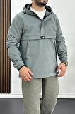 Erkek Slim Fit Krinkıl Kumaş Kanguru Cepli Yarım Fermuarlı Yağmurluk Mont Mint Yeşili Edw077