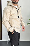 Erkek Slim Fit Krinkıl Kumaş Kanguru Cepli Yarım Fermuarlı Mevsimlik Mont Krem Edw077