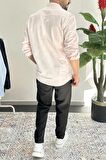 Erkek Slim Fit Keten Görünümlü Pamuklu Gömlek Pembe Edw087