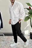 Erkek Slim Fit Keten Görünümlü Pamuklu Gömlek Beyaz Edw087