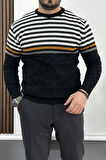 Erkek Çizgili Bisiklet Yaka Slim Fit Triko Kazak Siyah Edw019