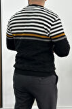 Erkek Çizgili Bisiklet Yaka Slim Fit Triko Kazak Siyah Edw019