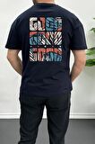 Erkek Oversize %100 Pamuk Good Vibes Sırt Baskılı T-shirt Lacivert Edw091