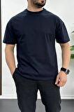 Erkek Oversize %100 Pamuk Good Vibes Sırt Baskılı T-shirt Lacivert Edw091