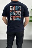 Erkek Oversize %100 Pamuk Good Vibes Sırt Baskılı T-shirt Lacivert Edw091