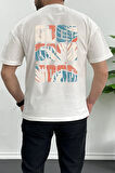 Erkek Oversize %100 Pamuk Good Vibes Sırt Baskılı T-shirt Ekru Edw091