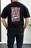 Erkek Oversize %100 Pamuk Spirit Sırt Baskılı T-shirt Siyah Edw093