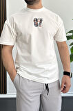 Erkek Oversize %100 Pamuk 87 Baskılı T-shirt Ekru Edw101