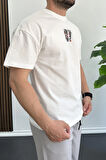 Erkek Oversize %100 Pamuk 87 Baskılı T-shirt Ekru Edw101