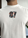 Erkek Oversize %100 Pamuk 87 Baskılı T-shirt Ekru Edw101