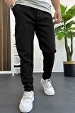 Erkek Slim Fit Beli Lastikli Double Paça Jogger Pantolon Siyah Edw114