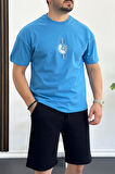 Erkek Oversize %100 Pamuk Baskılı T-shirt Mavi Edw159