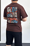 Erkek Oversize %100 Pamuk Sırt Baskılı T-shirt Kahverengi Edw161