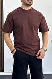 Erkek Oversize %100 Pamuk Sırt Baskılı T-shirt Kahverengi Edw161