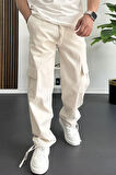 Erkek Kargo Cepli Paçası Ayarlanabilir Baggy Pantolon Krem Edw355