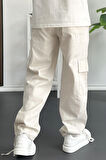 Erkek Kargo Cepli Paçası Ayarlanabilir Baggy Pantolon Krem Edw355