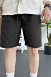 Erkek Beli Lastikli Keten Kumaş Şort Siyah Edw370