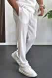 Erkek Beli Lastikli Modal Kumaş Rahat Kesim Pantolon Beyaz Edw396