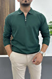Erkek Yarım Fermuarlı Düz Desen Polo Yaka Kazak Yeşil Edw424