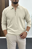 Erkek Yarım Fermuarlı Düz Desen Polo Yaka Kazak Krem Edw424