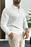 Erkek Slim Fit Çizgi Detaylı Polo Yaka Kazak Beyaz Edw427