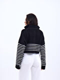 43311 TRİKO ÇİZGİLİ FERMUARLI CROP-SİYAH-EKRU