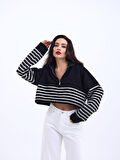 43311 TRİKO ÇİZGİLİ FERMUARLI CROP-SİYAH-EKRU