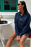 Yaka Siyah Garni Pul Payet Taşlı Oversize Denim Ceket 6125