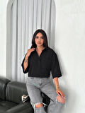 Crop Yakalı Gömlek Üç Çeyrek Sleeve Kol - Siyah