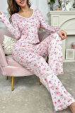 Pembe Çiçek Baskılı Pamuklu Pijama Takımı 7301