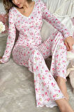 Pembe Çiçek Baskılı Pamuklu Pijama Takımı 7301