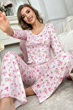 Pembe Çiçek Baskılı Pamuklu Pijama Takımı 7301
