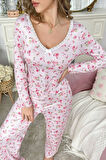 Pembe Çiçek Baskılı Pamuklu Pijama Takımı 7301