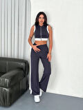 Osy Modal Yumuşak Dokulu Kumaş Tam Fermuarlı Crop Pantalon İkili Takım - Antrasit