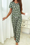 Yeşil Fitilli Floral Kısa Kollu Pijama Takımı 7303