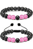 Sertifikalı Doğal Pembe Kuvars Volkanik Lav Taşı Doğal Taş Bileklik Seti