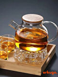 Vakumlu Bambu Kapaklı Isıya Dayanıklı Borosilikat Cam Demlik, Süzgeçli Demlik (1000 ml) Teapot
