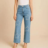 KADIN JEANS- YILDIZ DESENLİ GENİŞ PAÇA ESNEK KOT PANTOLON