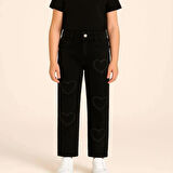 KIZ ÇOCUK JEANS- KALP DESENLİ GENİŞ PAÇA ESNEK KOT PANTOLON -SİYAH