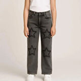 KIZ ÇOCUK JEANS- YILDIZ DESENLİ GENİŞ PAÇA ESNEK KOT PANTOLON