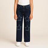 KIZ ÇOCUK JEANS- YILDIZ DESENLİ GENİŞ PAÇA ESNEK KOT PANTOLON