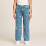KIZ ÇOCUK JEANS- YILDIZ DESENLİ GENİŞ PAÇA ESNEK KOT PANTOLON
