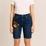 KADIN/KIZ JEANS - AYICIK DETAYLI ESNEK LİKRALI KOT ŞORT