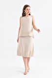 Bisiklet Yaka Sırt Detaylı Alt Üst İkili Bej Elbise