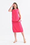 Bisiklet Yaka Sırt Detaylı Alt Üst İkili Fuşya Elbise